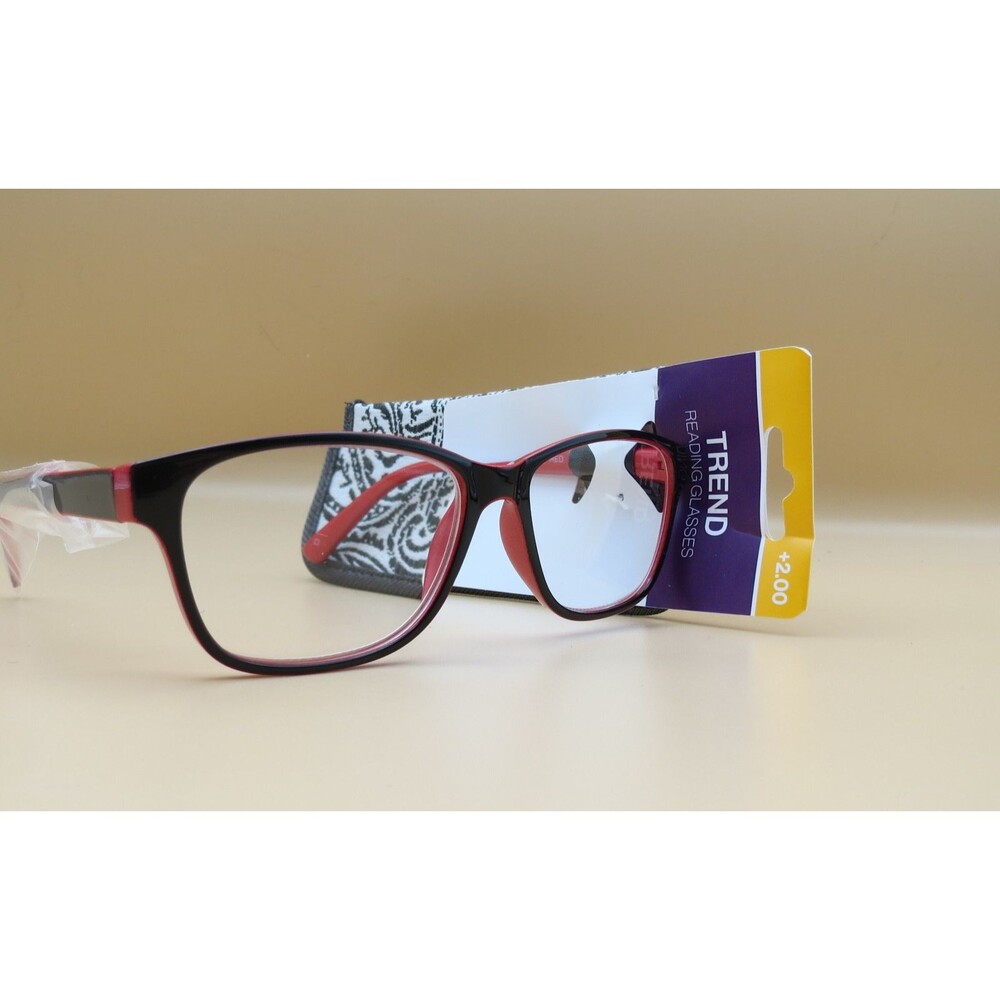 Foster Grant Reading Glasses +2.00 Magnification Red 52-16-140 Paisley Case